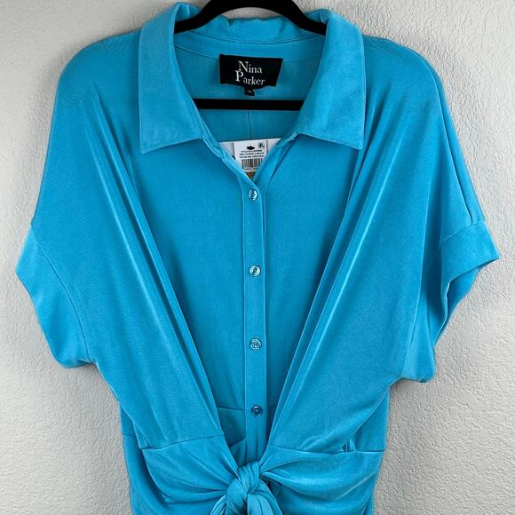 Nina Parker Tie-Front Collared Ruched Turquoise Blue Midi Dress Plus 3X NWT - Picture 6 of 13